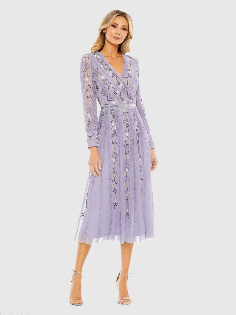 new Mac Duggal Long Sleeve Embroidered Wrap Midi Dress lilac chiffon beaded